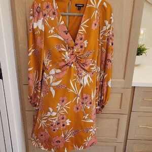 Express Long Sleeve Floral Dress - Orange and Pink